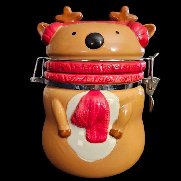Christmas Reindeer Ceramic Canister Jar Red Scarf Airtight Holiday Kitchen Decor - Picture 1 of 7